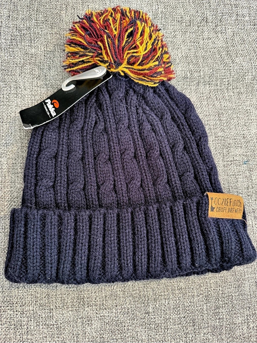 Pukka Knit Beanie With a Multicolor Pom leather patch, OozleFinch NWT